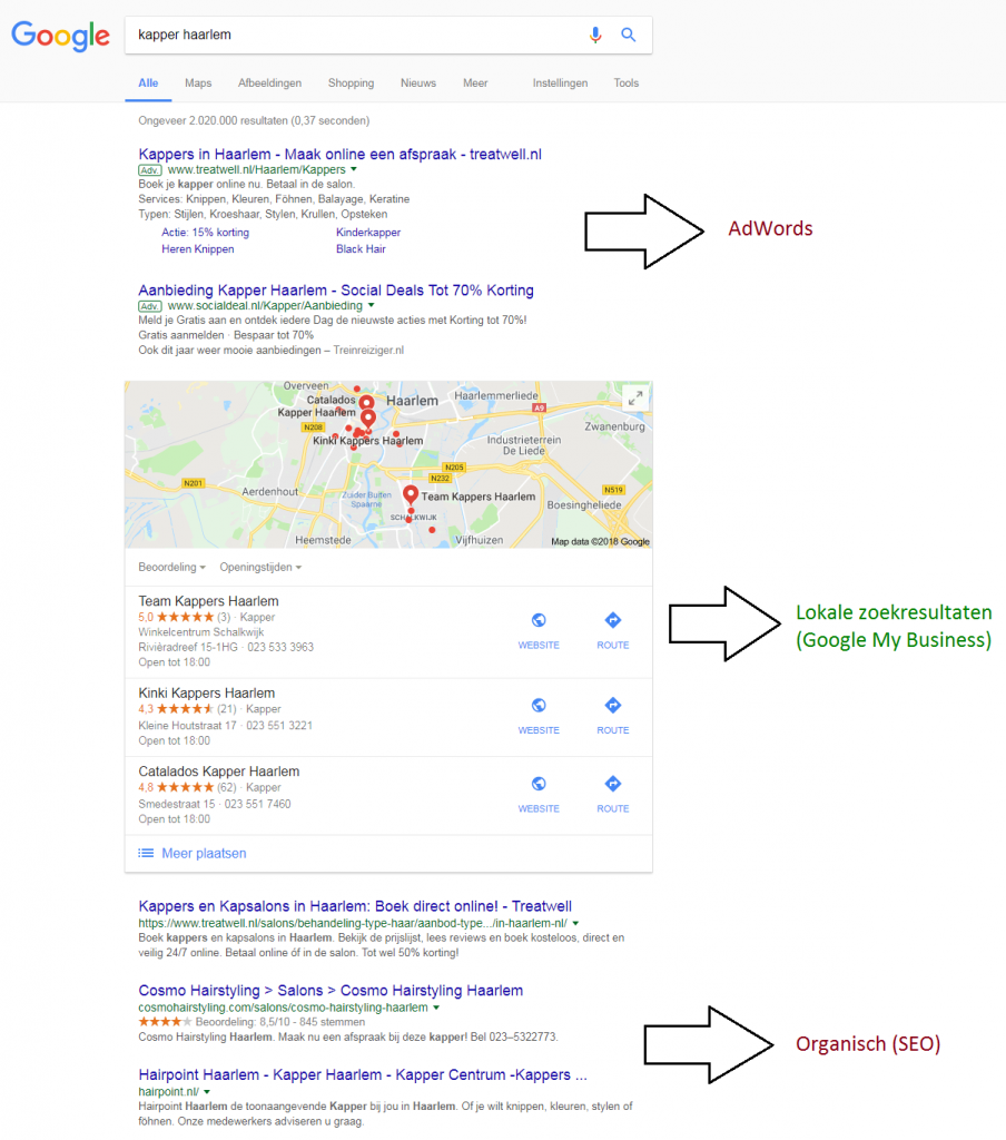 Google zoekresultaten printscreen